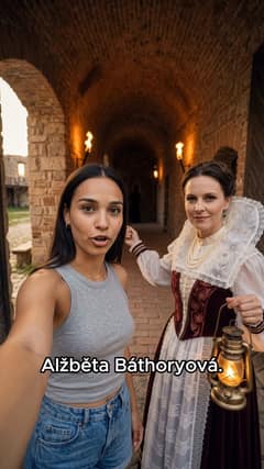 Adéla a žena v dobovom odeve s lampášom v bráne Čachtického hradu